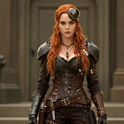 long shot photo of kat dennings as a steampunk rogue