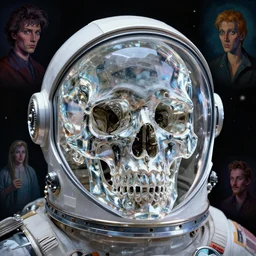 a crystal skull, scifi, astronaut helmet by _ beeple, artgerm, _ aaron _ horkey _ amanda _ sage _ bauhaus _ anton _ pieck _ bernie _ wrightson _ barclay _ shaw _ frank, alex grey, akira toriyama, hp lovecraft, andre masson, surreal, art station,