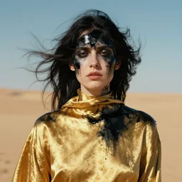 close up surrealist, psychedelic fashion portrait of woman in solid gold cloth, covered in black oil liquid, in the windy desert by tim winton and wes anderson