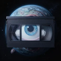 a alien planet with one eye, vhs tape video, cosmic horror