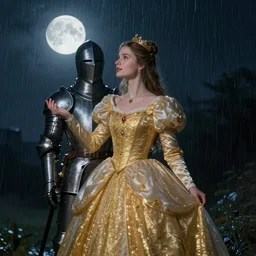 rain, moon, knight and princess, realistic