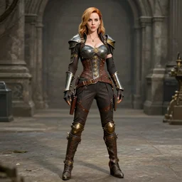 full body  photograph of christina hendricks as a steampunk warrior.  Extremely detailed. 8k