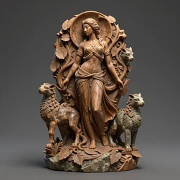 a sculpture of mythical creatures by hannah yata, elegant female carved in wood and stone, leaves and vines, artstation, concept art, ambient occlusion, vray render,