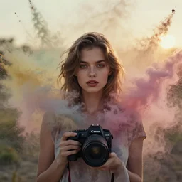 portrait photography of a beautiful woman surrounded by colored smoke and powder explosions by maxim nikolaev and irving penn. vogue. kodak portra. ( depth of field ). golden hour. detailed. hq. realistic. muted colors. lens flare. canon eos r 3, f / 1. 2, 8 k, raw, symmetrical balance, in - frame
