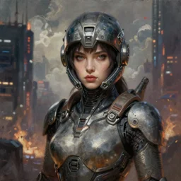 ultra realist and ultra intricate detailed soft painting of a beautiful sci-fi armored female, from the waist up, sci-fi helmet, symmetry features, sensual gloomy style, volumetric clouds, cyberpunk burning building background, artstation, unreal render, depth of field