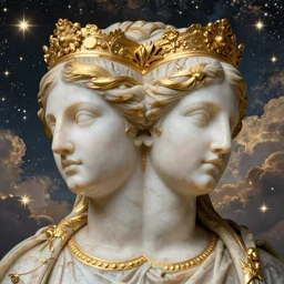 symmetrical face,  saint Woman, Venus, athena, gravitas, beautiful, gracious, baroque marble and gold in space, stars, clouds