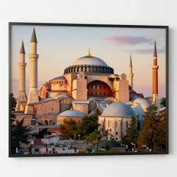 a beautiful painting of a spectacular byzantine cathedral with minarets, hagia sophia, at sunset. look at the incredible detail! art print available. by tyler edlin, trending on artstation