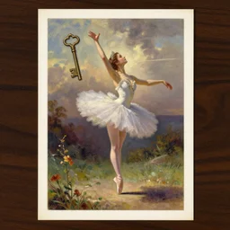 beautiful digital oil vintage greeting card steampunk style  ballerina key in back by Arthur Hughes