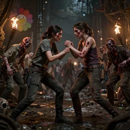 a still of The Last Of Us II of Ellie fighting with zombies, styled by Takashi Murakami and looking as a baroque painting but image taken with Nikkor color photography film, very detailed photography Hasselblad , hyperrealism, octane rendering, 8k, depth of field, bokeh, night scene with fire torches.