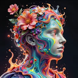 illustration of a colorful melting human head. flowers and blossoms, ferrofluids, burning water distortions. intricate abstract. intricate artwork. by tooth wu, wlop, beeple, dan mumford. octane render, trending on artstation, greg rutkowski, cinematic