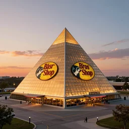 Bass pro shop pyramid in Memphis, year 2134, futuristic sunset, stunning photo rendered 4k, trending on Artstation , 8k, hyperrealistic, shining, gradiental, octane render