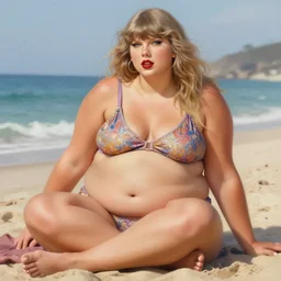 portrait of obese taylor swift sitting on the beach, intricate, highly detailed, digital painting, artstation, glamor pose, concept art, smooth, sharp focus, illustration, art by wlop, alphonse mucha and greg rutkowski