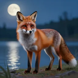 A beautiful fox stands near a lake under the moonlight, highly detailed brush style, water reflections, soft fur, two pointed ears, thick fluffy tail, beautiful lighting, wildlife, digital art, trending on ArtStation