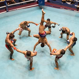 muay thai athletes doing an extreme contortion choreography, dance photography, pastel colors palette, sport photography, high detail, aerial view, foreshortening, natural light