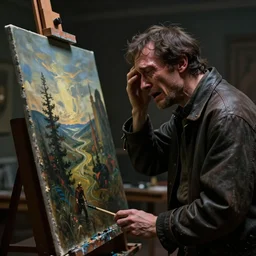 a painter at his easel crying in despair, painting by HR Giger