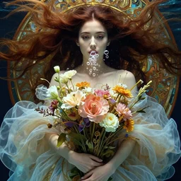 closeup portrait of a beautiful mysterious woman wearing flowing gown, holding a bouquet of flowers, hands disappeared under the bouquet, flowing hair, underwater, bubbles from the mouth, fantasy, regal, intricate, by stanley artgerm lau, greg rutkowski, thomas kinkade, alphonse mucha, loish, norman rockwell