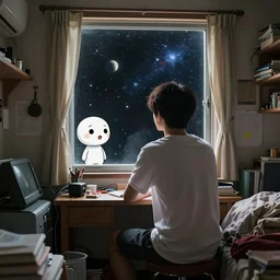 guy sitting in window looking out at space, cluttered bedroom, back view, anime, detailed anime, hyper realistic anime, realistic anime, manga anime, chibi anime, detailed, highly detailed, hd, 4 k, sharp, clear, high res, high quality, cinematic, 2 point studio lighting,