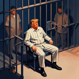 editorial illustration portrait of trump in prison, sitting in a chair, wearing a striped outfit, mads berg, karolis strautniekas, stippled light, dramatic lighting,, matte print, prison cell bars, isometric, dark blue + dark orange + orange + beige + black + white, dynamic composition, moody, dynamic pose