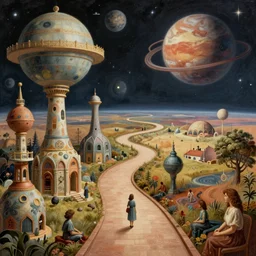 a whimsical masterpiece matte painting of a winding path into outer space sci - fi worlds, surreal planets designed by heironymous bosch, megastructures inspired by heironymous bosch, vast surreal landscapes and horizon by asher durand and cyril rolando and natalie shau and cyril rolando, insanely detailed, highly intricate, elegant, awe