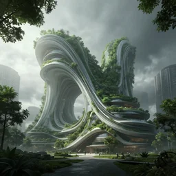 concept art of jeremy mann, epic exterior view of a curvy biophilic design architecture, by koichi takada, urban green, dappled lighting, misty, ominous, unreal engine 5, 8 k