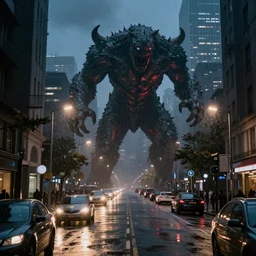 a city street at night, raining, photograph, cars on the road, monster attack