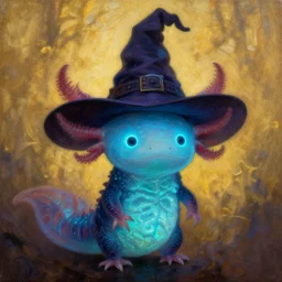 Bioluminescent, portrait of axolotl wearing wizard hat,  very intricate , trending on artstation , very elegant, in the golden hour by Daniel Merriam, Trending on Artstation, oil on Canvas by Elena Zhurikhina and Goro Fujita and Charlie Bowater, octane render, 4k, 8k, HD