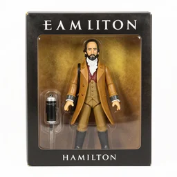 action figure new in box from the broadway musical hamilton, studio lighting, ebay listing, product photography