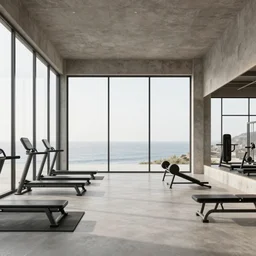 brutalist workout gym, big windows, showing sea landscape on background, minimalist architecture, gym furniture, octane render, high quality, 8 k, post production