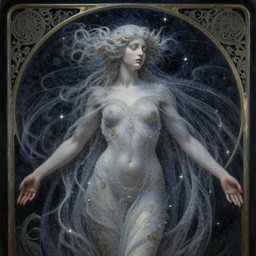 hiperrealistic, ultra detailed art nouveau painting of a celestial being made of stardust, character art, character study, 4 k uhd, post production, dark tones, intricate, masterpiece, sharp focus