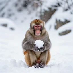 beatiful photograph of non-ending snow, monkey sitting in the center whilst holding a snowball in its arms