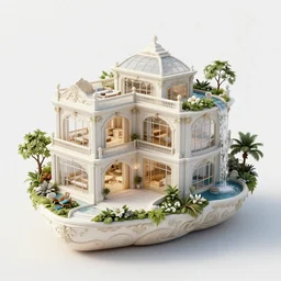 architectural design, lonely, bright, volumetric, autostereoscopy, insanely detailed and intricate, hypermaximalist, elegant, ornate, hyper realistic, super detailed, two storey glassy residential, small waterfall decoration from the right top corner of the residential, island