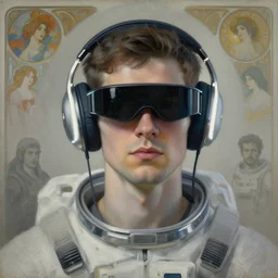 future coder man looking on, compact cyclops visor over eyes and sleek bright headphoneset, neon accent lights, desaturated headshot portrait painting by dean cornwall, ilya repin, rhads, tom whalen, alex grey, alphonse mucha, donoto giancola, astronaut cyberpunk electric fashion photography