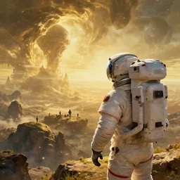 A astronaut gazing upon an amazing alien landscape, digital art, breathtaking, golden ratio, extremely detailed, establishing shot, hyperrealistic, cinematic lighting, particles, unreal engine, simon stålenhag, rendered by Beeple, Makoto Shinkai, syd meade, simon stålenhag, Ruan Jia, Kentaro Miura, environment concept, artstation, octane render, 8K UHD image