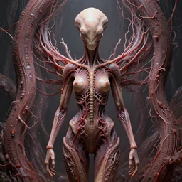 thai art, female alien, tubular creature, blood vesels, no face, dystopian surrealism, artstyle alex ries and zdzisław beksinski, symmetry accurate features, very intricate details, high resolution, 4 k