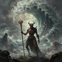 beautiful digital fantasy illustration of a demon holding a staff!!, a giant wave in the sky, apocalypse art!!!!, apocalypse landscape!!!!!, cosmic horror!!!, a detailed matte painting by Dan Luvisi, cgsociety, fantasy art, highly detailed, soft lighting, rendered in octane, masterpiece, very very very aesthetic