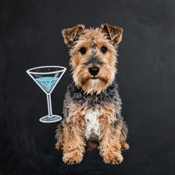 a norwich terrier holding a martini glass, chalk art