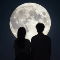 a the full moon, a couple is drawn on it, cinematic lighting, wow, establishing shot