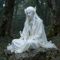 androgynous nature spirit, white skin, white hair, sitting on a rock in a forest, shawl and robes, crystal and gemstone jewelry, iridescent, artstation, hearthstone, by artgerm, by greg rutkowski, by alphonse mucha, by bouguereau, by ruan jia, by and conrad roset,