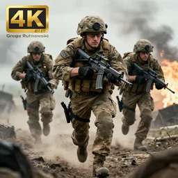 Portrait of a modern British army squad in full gear sprinting sprinting through enemy territory, cinematic lighting, front lighting, 4k, award-winning, by Greg Rutkowski, combat, intense, motion blur