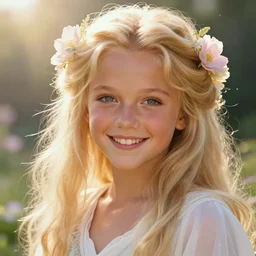macro closeup headshot of a beautiful happy smiling 2 0 years old britney spears ethereal magical fairy princess wearing a white robe and flowers in her long blonde hair in a fantasy garden, d & d, fantasy, intricate, rim light, god rays, volumetric lighting, elegant, highly detailed, digital painting, artstation, concept art, smooth, sharp focus, illustration, art by greg rutkowski, maxfield parrish and alphonse mucha, sunrise, new art nouveau, soft ambient lighting, particle effects