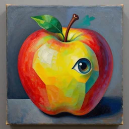 apple in cubism style by pablo picasso, oil on canvas, hdr, high detail, photo realistic, intricate, hyperrealism, matte finish, high contrast, 3 d depth, centered, masterpiece, vivid and vibrant colors, enhanced light effect, enhanced eye detail, artstationhd
