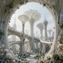beautiful scifi futuristic biophilic city architectural landscape, fractal arches, cellular bridges, columns, rhizomorph finials spires, vincent callebaut composition, iris van herpin, elegant lace haute couture broad embroidered trees, porcelain magnolia fluid nebula, soldier lichen, soft light, puffballs, brackets lichen, 8 k