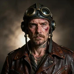 portrait, headshot, angled, d, grizzled, scarred, victorian retro - futurist pilot, leather pilots uniform, heroic composition, by diego gisbert llorens and donato giancola, regal, dramatic lighting, backlit, spot lit, shadowed, mysterious, tattoos, intricate, hyper realistic, hyperdetailed, centered, cinematic