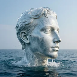 a giant sculpture made out of water of a human head on the ocean water, cinematic, in the style of chad knight, long shot, hyper detailed, hyper realistic, ray tracing, 8 k resolution, sharp focus, realistic water, award winning