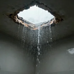 a room with a large, gaping hole in the ceiling, and water pouring in from the rain.