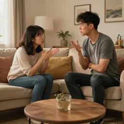 matte painting of a couple arguing in the living room
