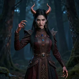 a female evil demonic character of kazakh mythology, jeztyrnak, in the form of a beautiful young girl or woman with a copper nose and copper claws, who has a vicious character and incredible strength, standing in the night forrest, quality render 8 k, detailed, octane render