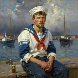 painting of sailor hobo hyperrealism vasily vereshchagin at harbor