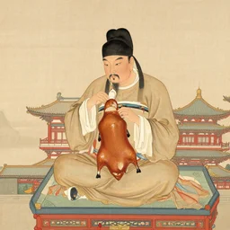 a chinese painting of a tang dynasty man sitting in a pagoda eating peiking duck