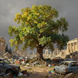 oak tree growing in the ruins of an ancient city, many scrap cars, plastic waste, metal waste, ancient greek ruins, rubble, pillars, gray dull background, vibrant colorful green leaves, hyperrealistic, highly detailed, cinematic, single ray of golden sunlight, beautiful, cgssociety, artstation, oil painting by greg rutkowski, by artgerm, by wlop